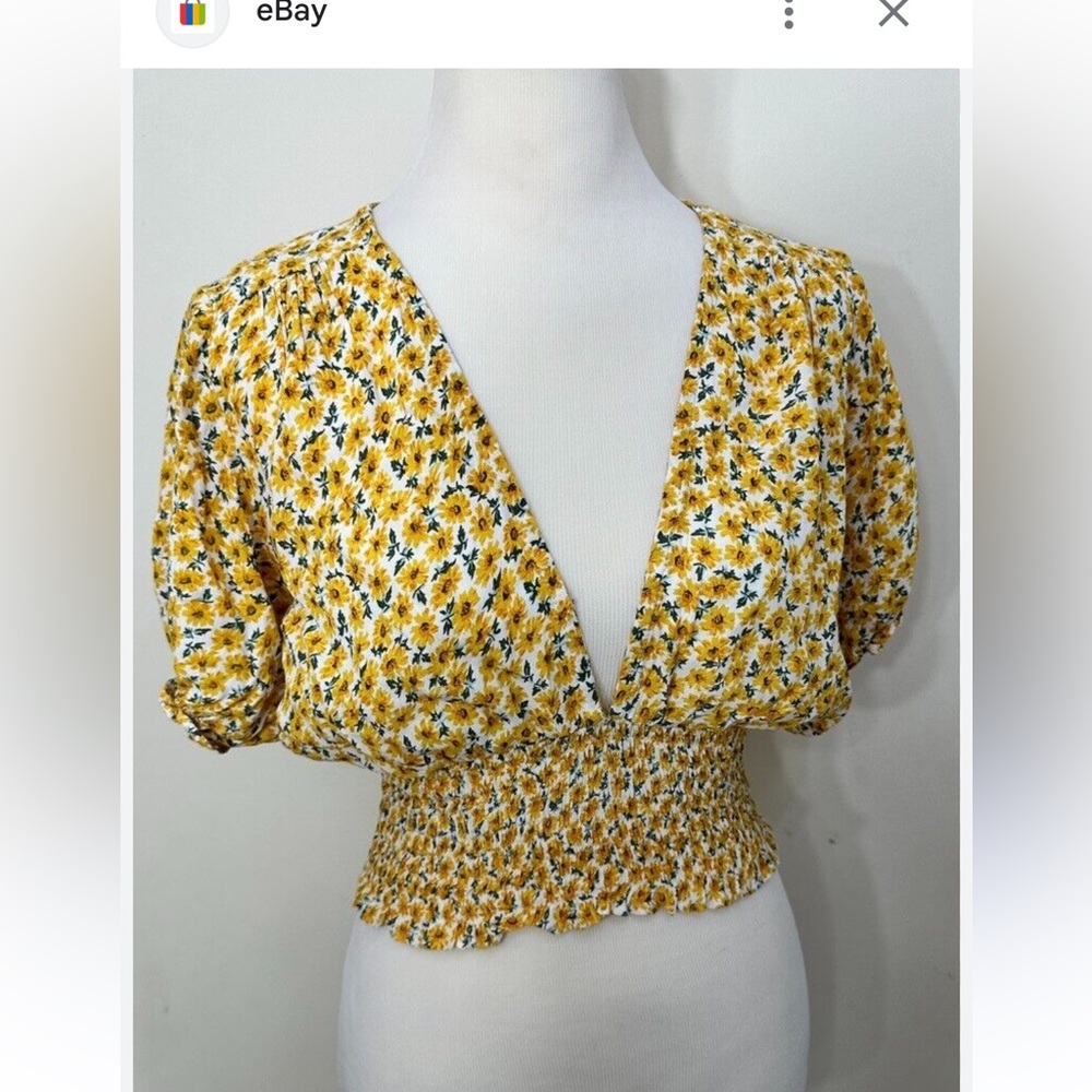 Anthropologie V Neck Floral Blouse Marguerite Smocked Cropped Top